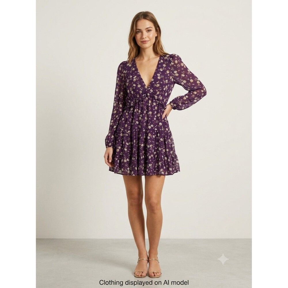 Zara Women Purple Boho Cottagecore  Floral V-Neck Long Sleeve Short Dress M